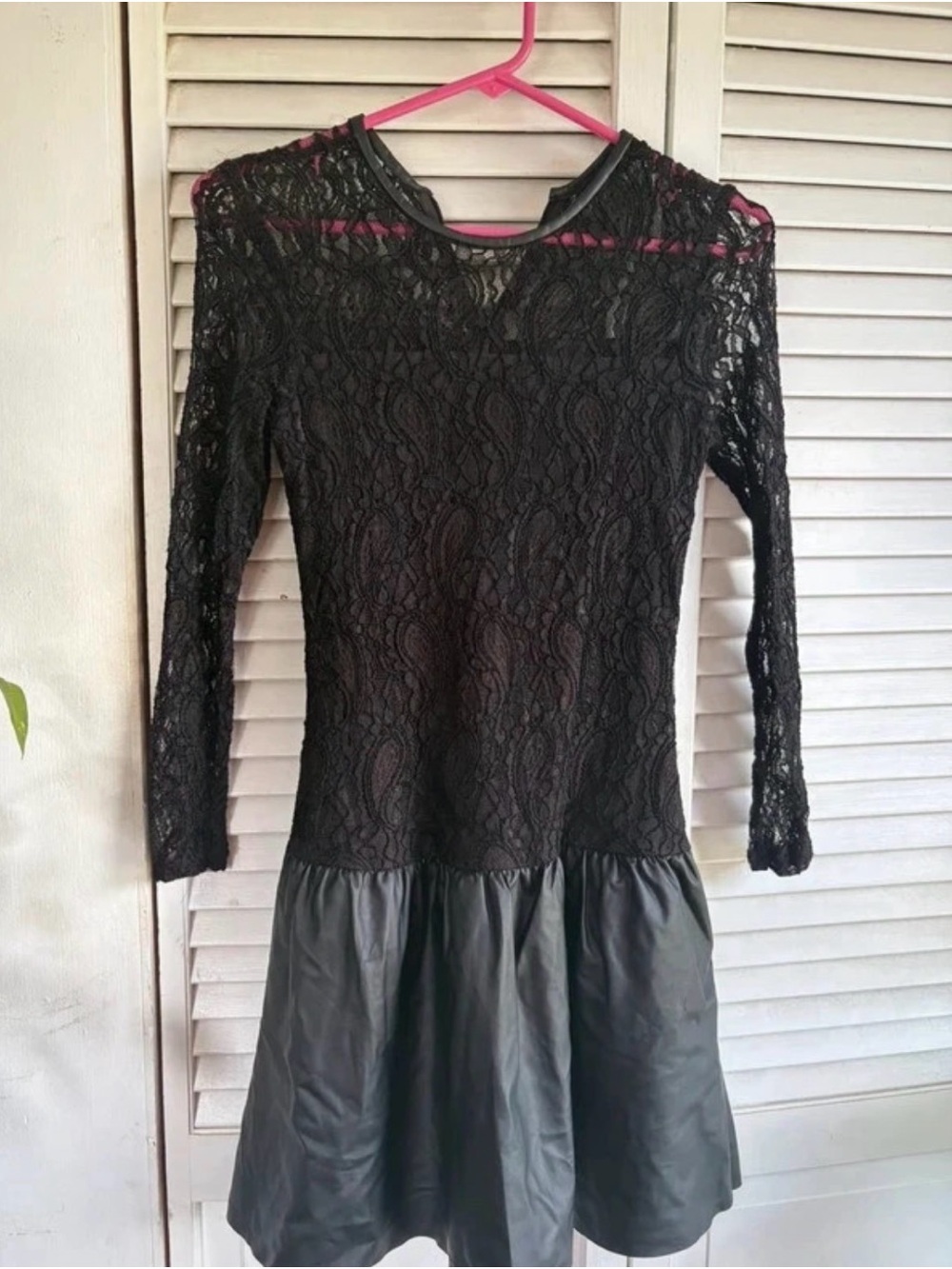 Black Lace Long-Sleeve Dress with Faux Leather Skirt